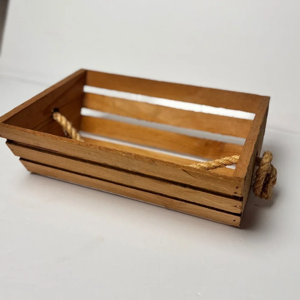 Rustic Wooden Slatted Crate with Rope Handles Natural Farmhouse Storage Bin 12in
